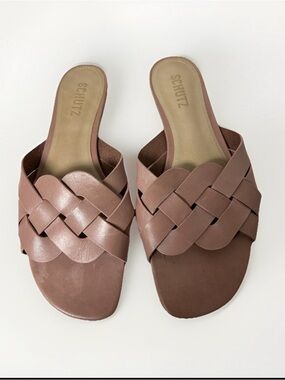 SCHUTZ Tari Woven Leather Slide Sandals Flats Sweet Rose SZ 8.5 Coastal Resort